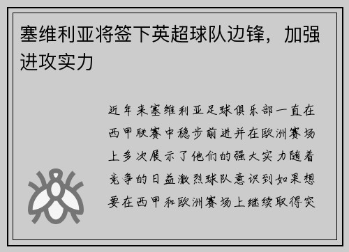 塞维利亚将签下英超球队边锋，加强进攻实力