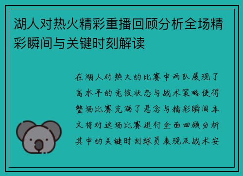 湖人对热火精彩重播回顾分析全场精彩瞬间与关键时刻解读